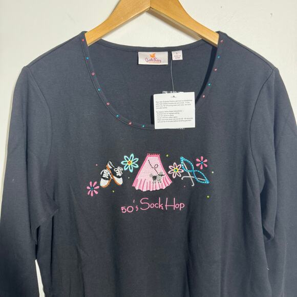 Quacker Factory Top Women L Black 50's Sock Hop 1/2 Sleeve 100% Cotton Novelty - Picture 5 of 7